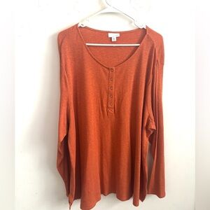 J. Jill Pima Cotton Ribbed Henley Orange 3X Stretch Knit Top Long Sleeves Casual